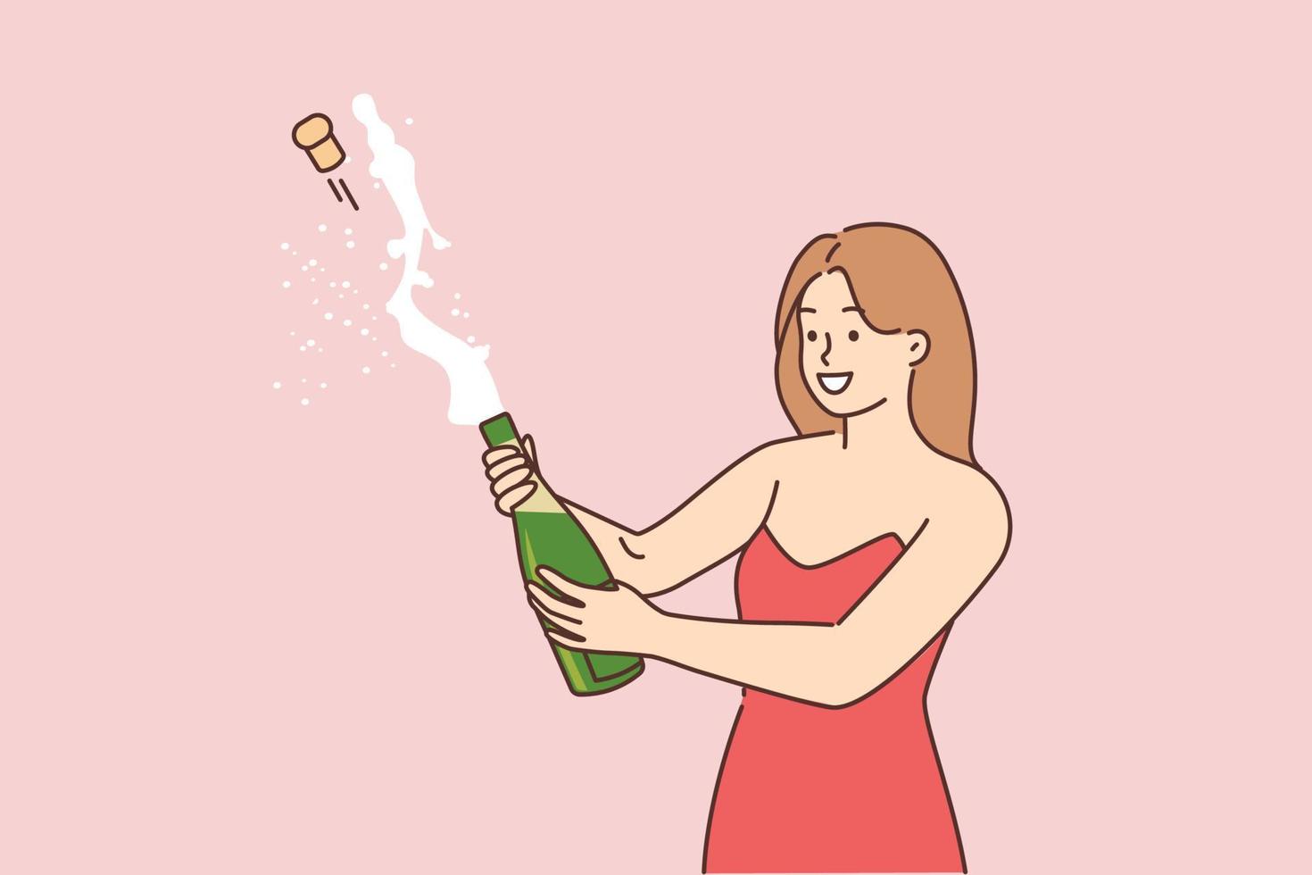 Celebration concept. Young girl opening a bottle of champagne and having fun. Opened champagne sprayed, flat editable vector illustration