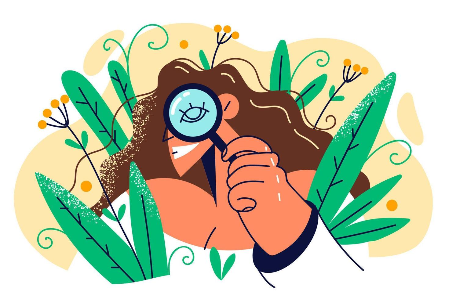 Curious woman with magnifying glass spying and hiding in bush working as detective and doing investigation. Curious girl employee of botanical greenhouse uses loupe to inspect rare plants vector