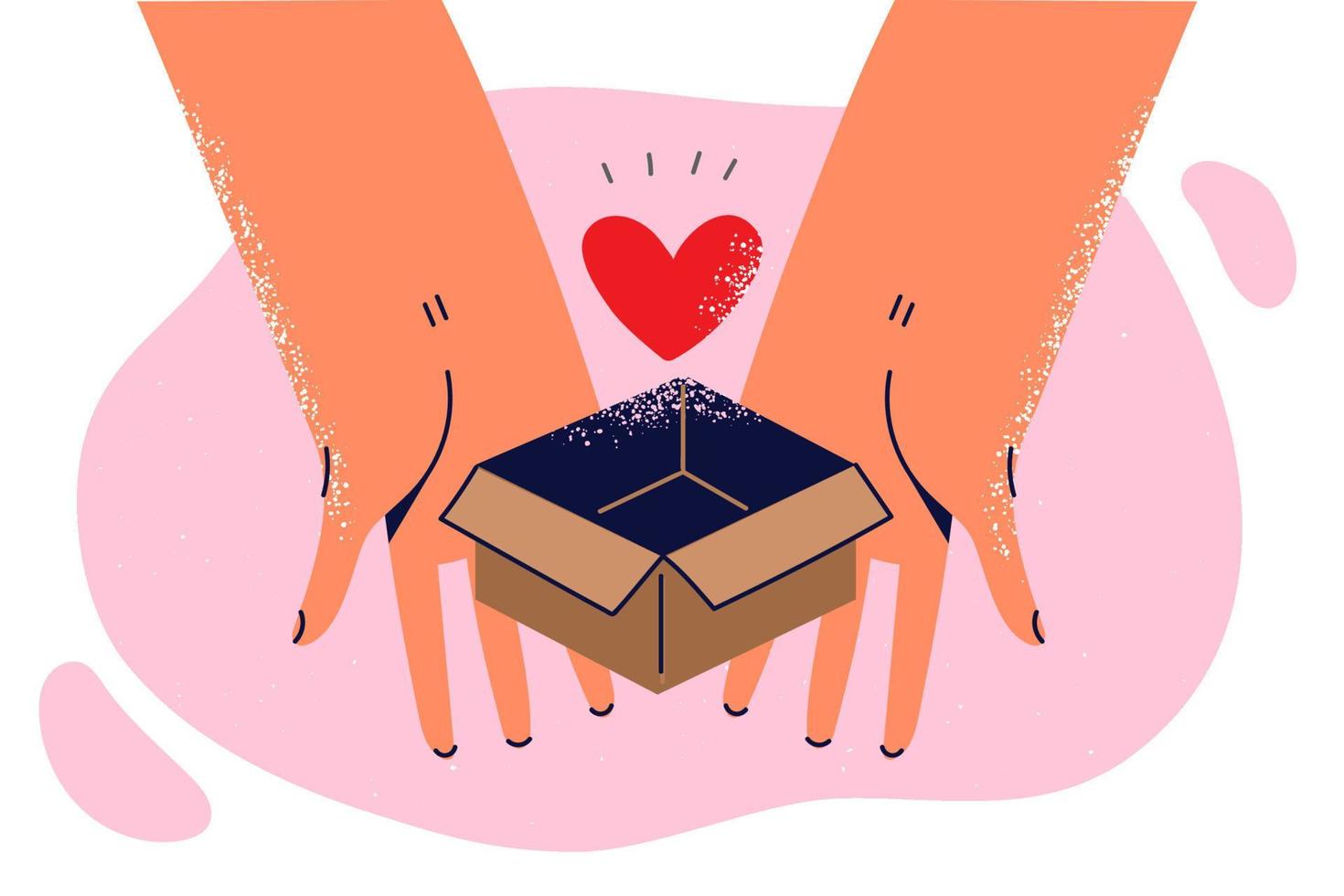 Hands of person with heart in giftbox symbolizing present from loved one for Valentines Day or anniversary of dating. Cardboard box with heart for charity and healthcare donation concept vector