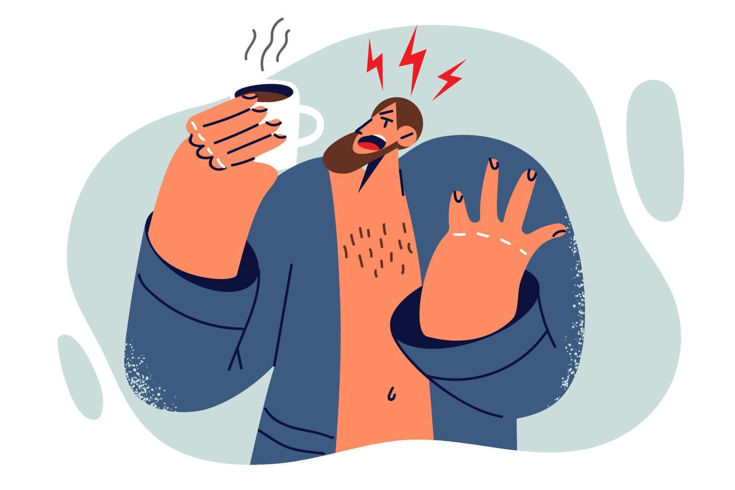 Nervous man screaming in pain after being burned by hot coffee during breakfast and yelling aggressively over ruined morning. Guy got burned, wanting to cheer up and gain strength before going to work vector