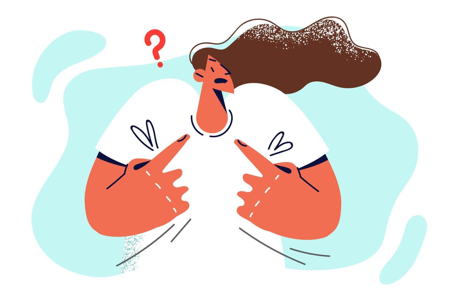 Confused woman pointing finger at herself wondering why lack of luck in personal and professional life. Frustrated young girl confused due to confusion causing panic and unpleasant questions vector