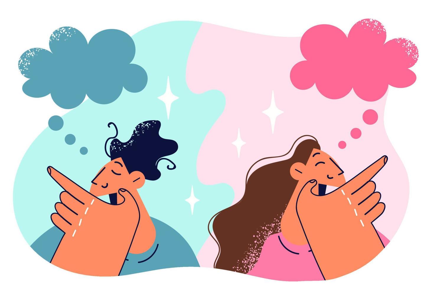 Thoughtful man and woman touching chin thinking together on one task. Young thoughtful couple with dialogue bubbles symbolizing communication and exchange of opinions for problem solving vector