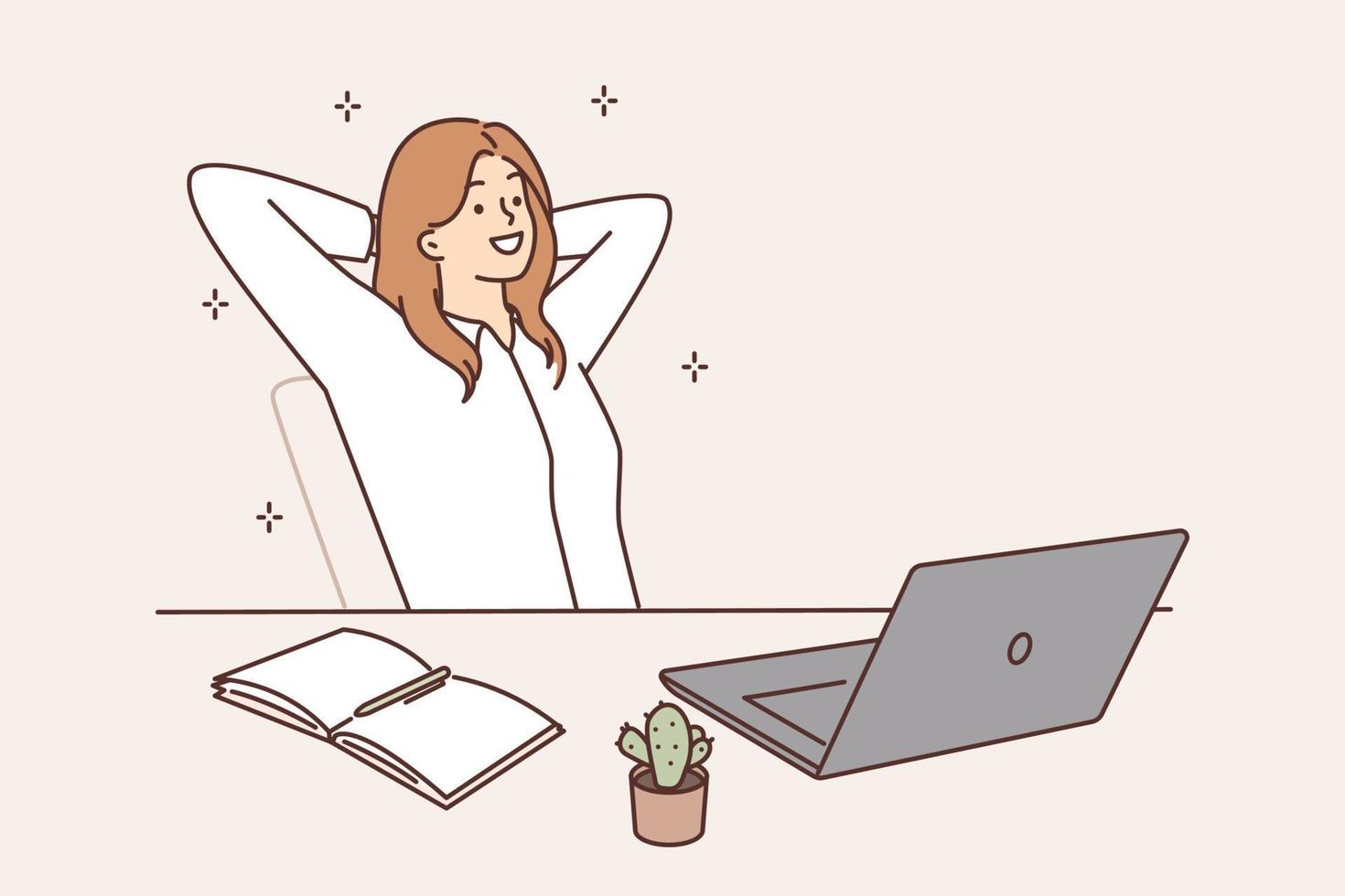 sonriente mujer sentado a un mesa con un ordenador portátil descansando con su ojos cerrado. hembra oficina trabajador o empleado teniendo un corto descanso mientras trabajando a el computadora. tomando descanso. vector ilustración