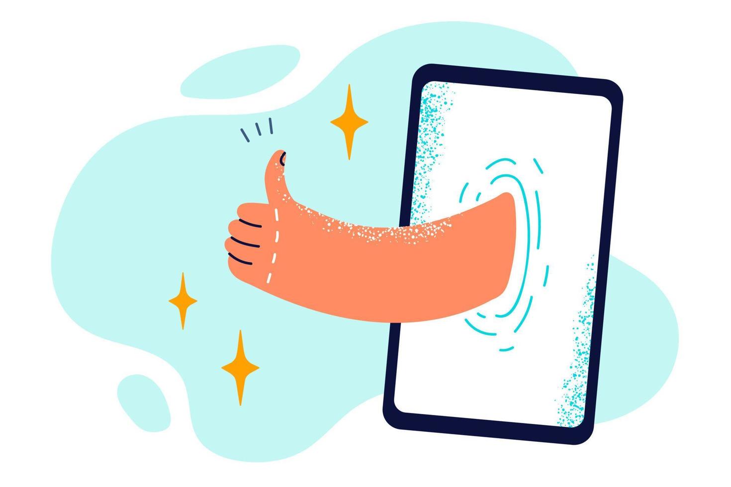 Thumbs up sticking out of phone display symbolizes likes on social networks or sympathy in dating service. Hand with thumbs up gesture in smartphone screen as sign of approval chatting online vector