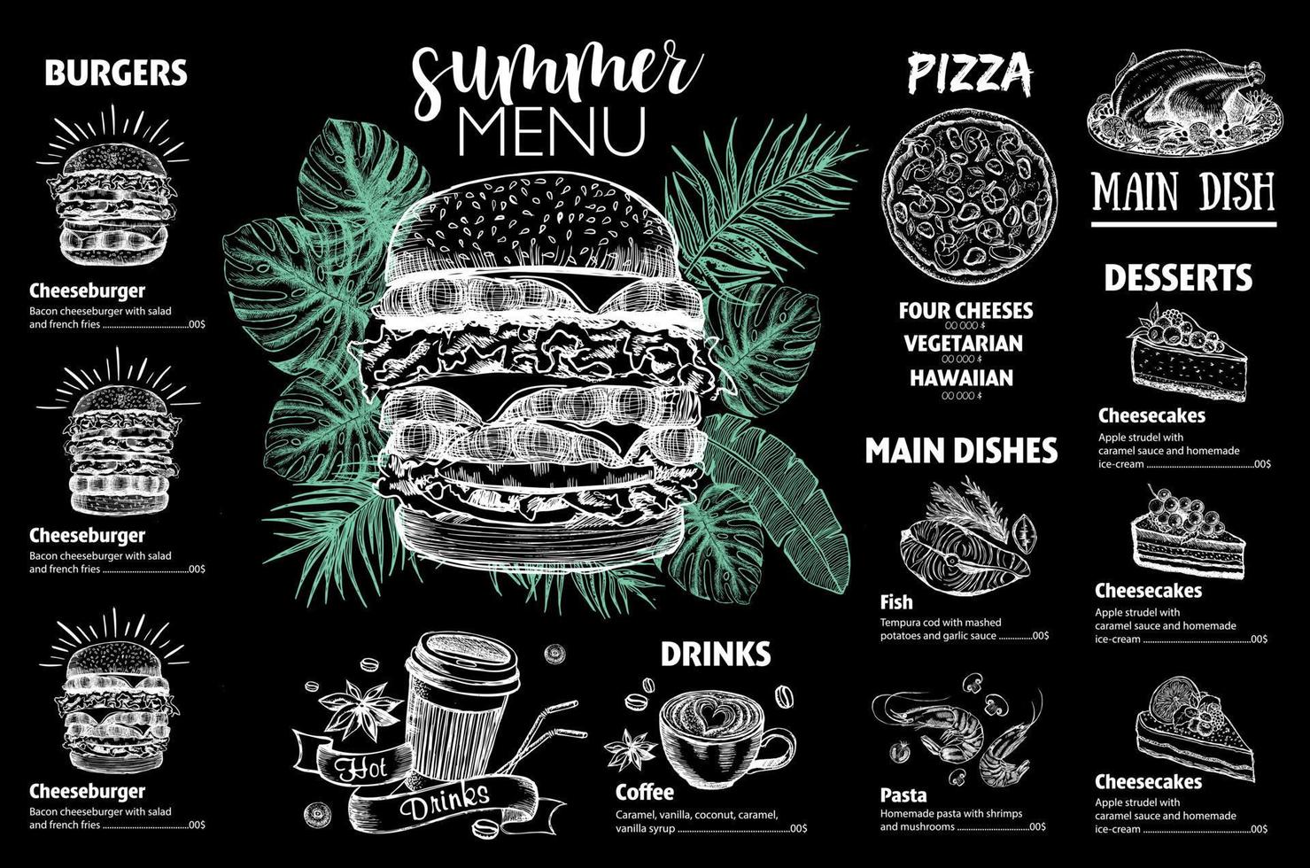 Restaurant food menu design. Summer menu, hand drawn illustrations. Vector food flyer.