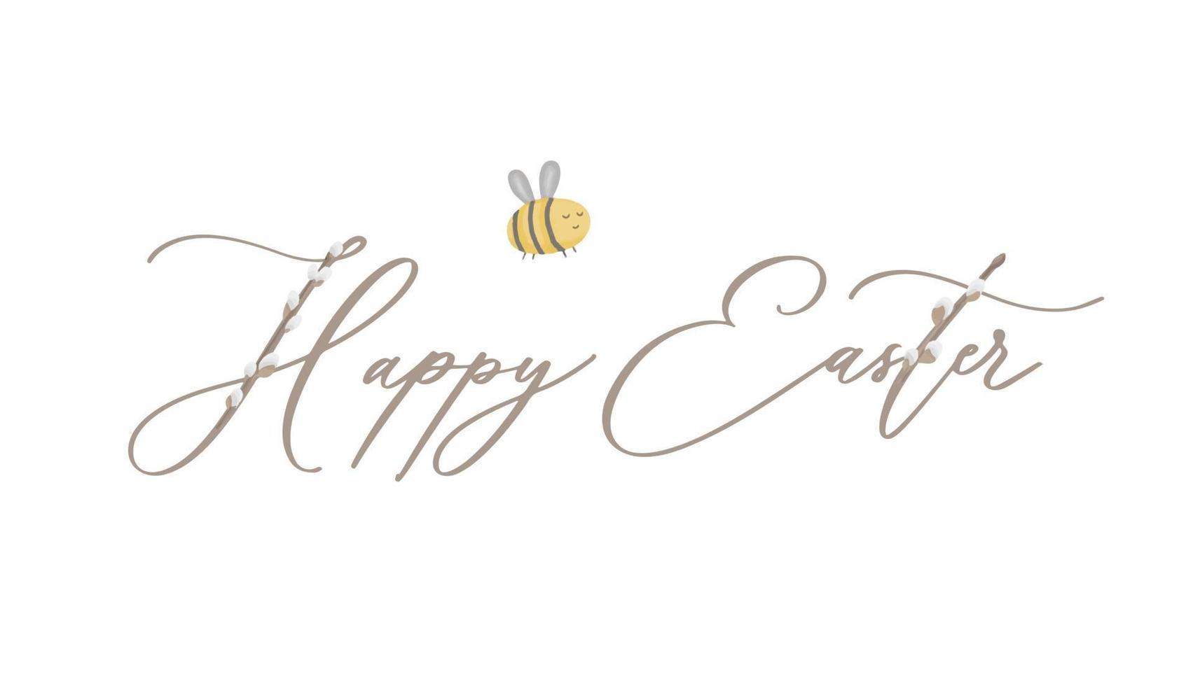 Happy Easter calligraphy inscription with watercolor bee. vector