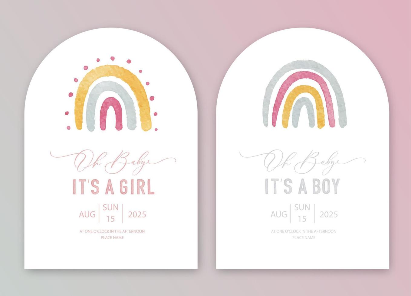 Cute baby shower watercolor invitation card for baby and kids new born celebration. Its a girl, Its a boy card with watercolor rainbow. vector