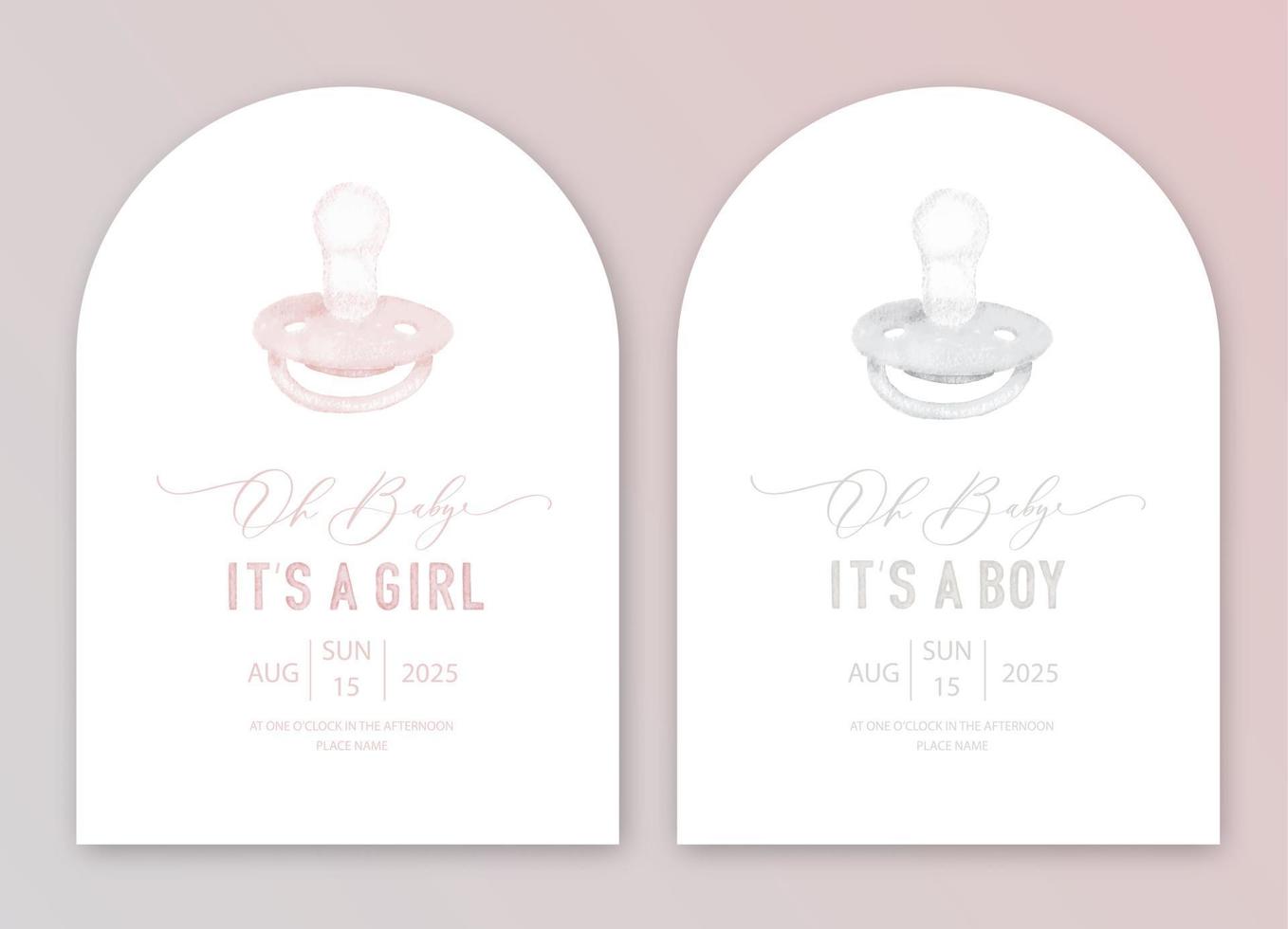 Cute baby shower watercolor invitation card for baby and kids new born celebration. Its a girl, Its a boy card with pacifier. vector