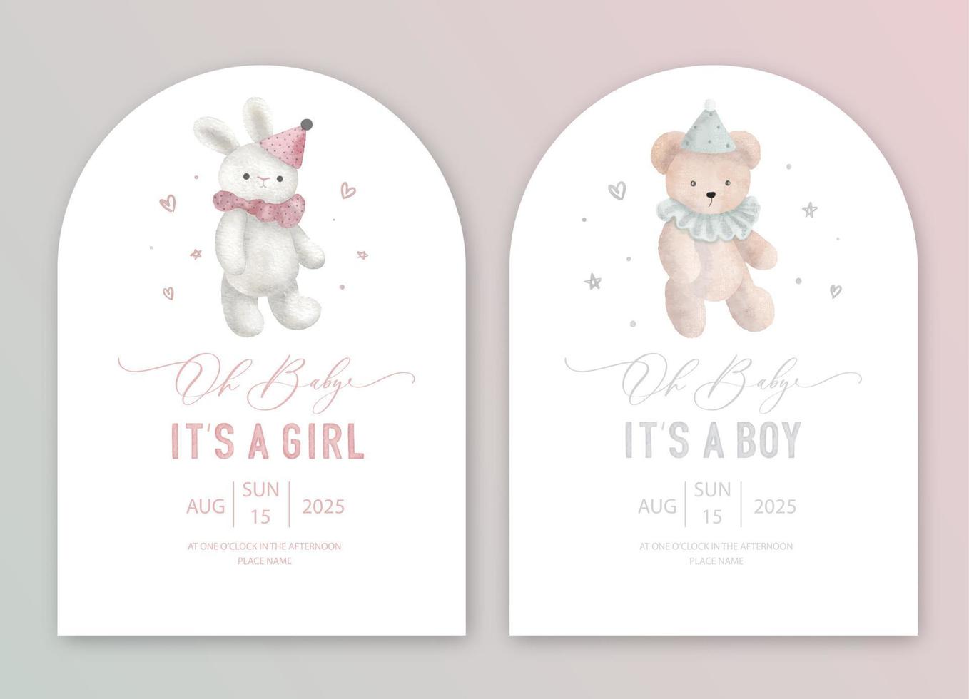 Cute baby shower watercolor invitation card for baby and kids new born celebration. Its a girl, Its a boy card with plush toy on the moon and cloud. vector