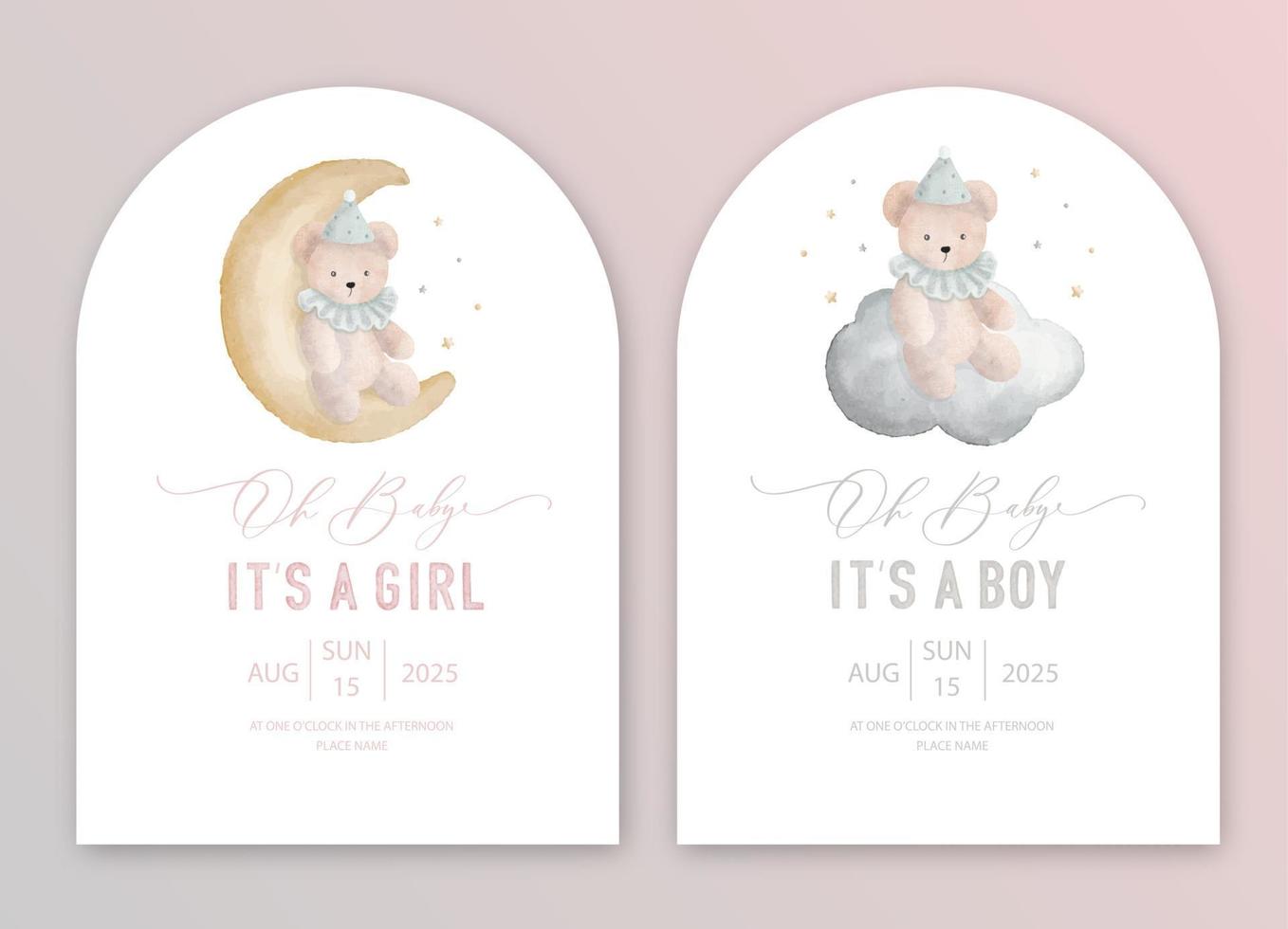 Cute baby shower watercolor invitation card for baby and kids new born celebration. Its a girl, Its a boy card with plush toy on the moon and cloud. vector