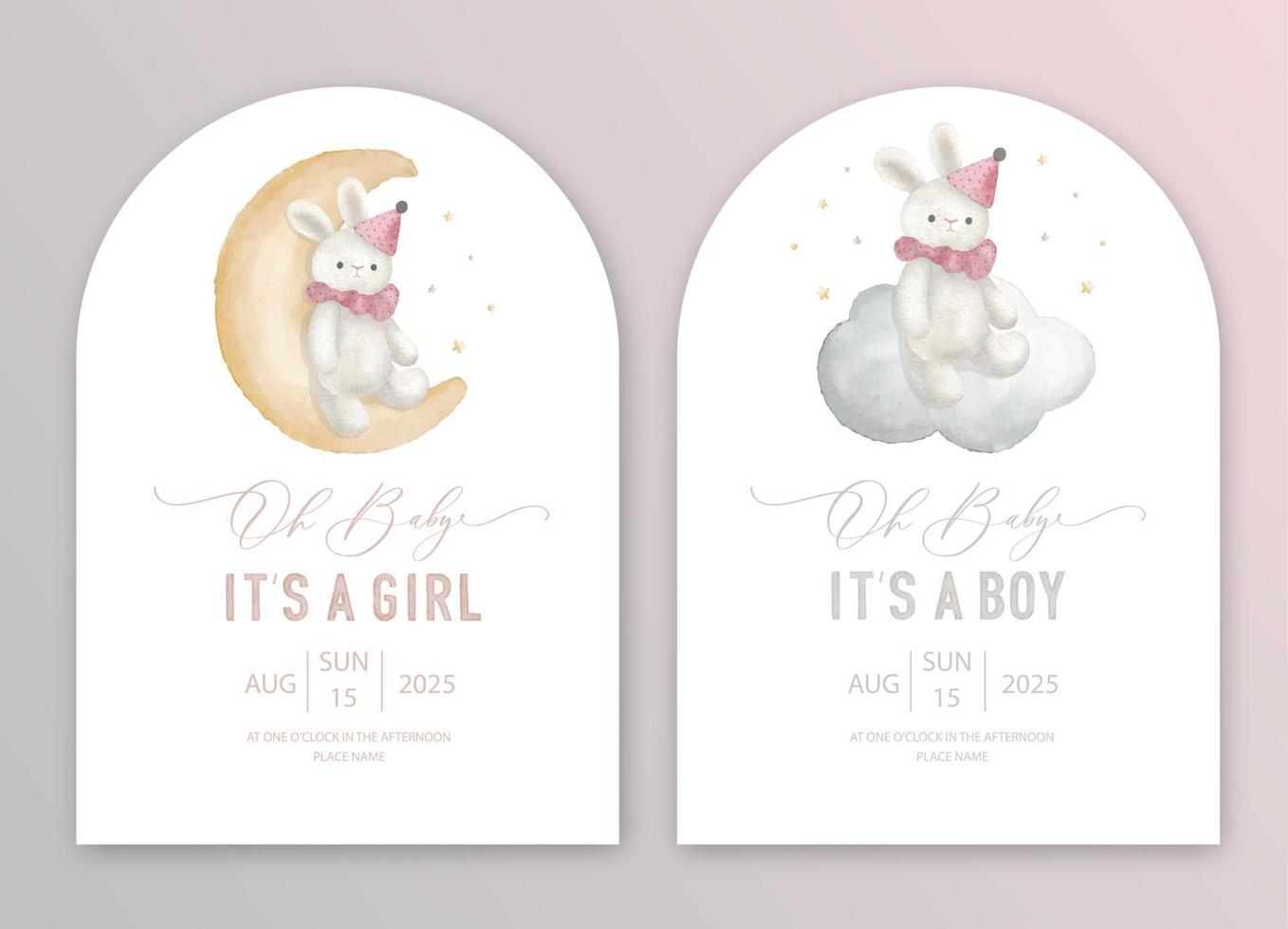 Cute baby shower watercolor invitation card for baby and kids new born celebration. Its a girl, Its a boy card with plush toy on the moon and cloud. vector