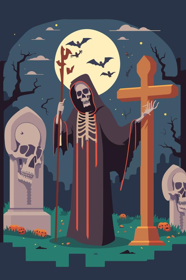 A cartoon of a skeleton with a scythe in front of a cemetery with bats and a cross. vector