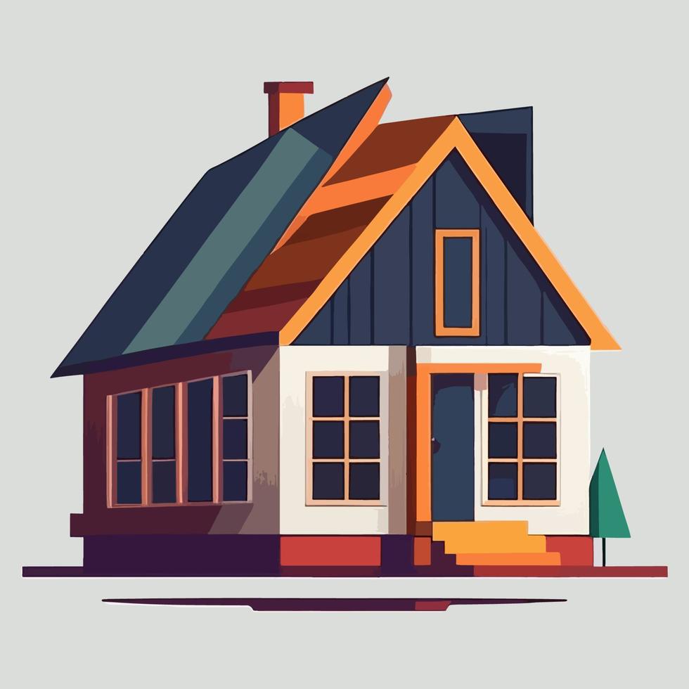 A house with a blue roof and a tree in the corner. vector