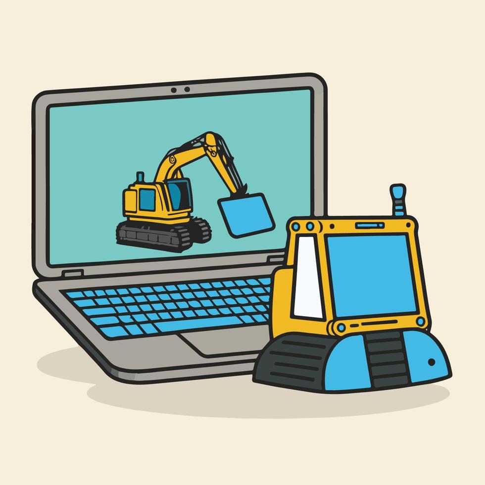 A drawing of a laptop with a bulldozer on it. vector
