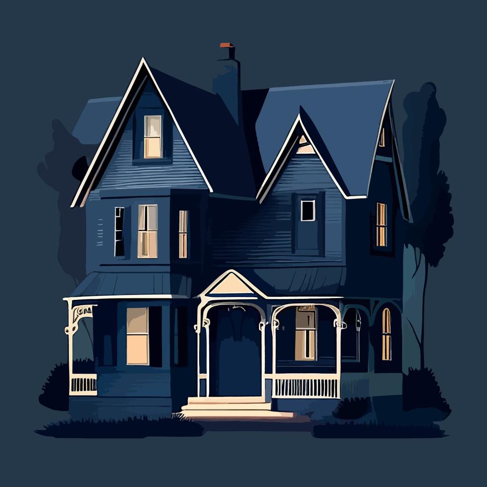 A blue house with a porch and the words  the house on a dark background vector