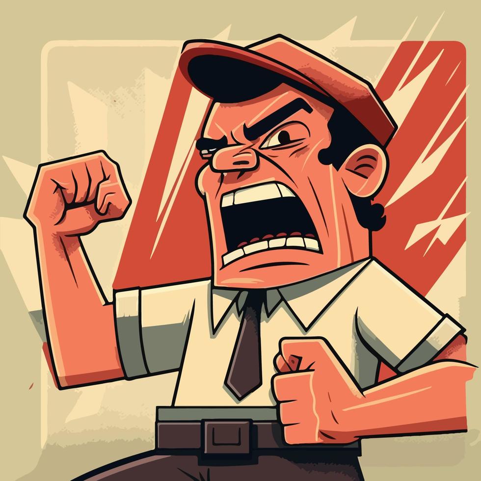 A cartoon man with a hat and tie is yelling and has his fist raised. vector