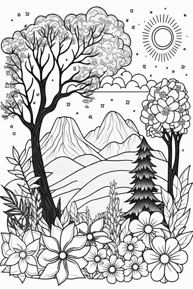 A black and white drawing of a landscape with mountains and trees. vector