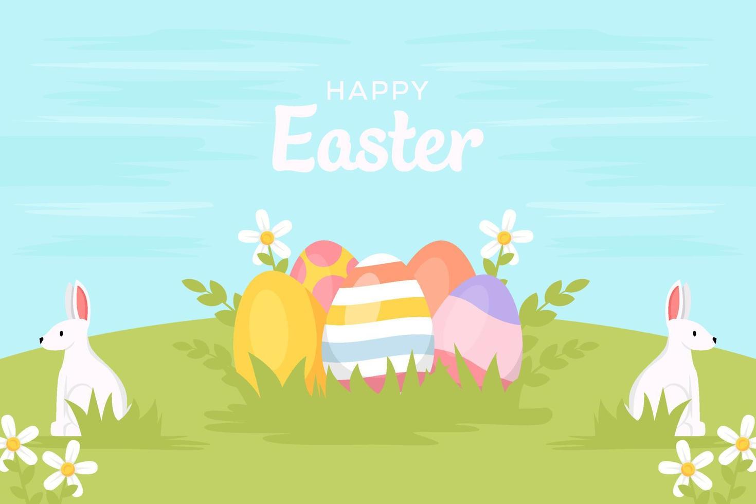 flat design happy easter illustration with eggs and rabbits vector