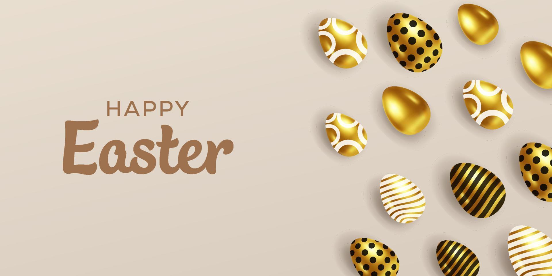 happy easter horizontal banner illustration with 3d golden eggs vector