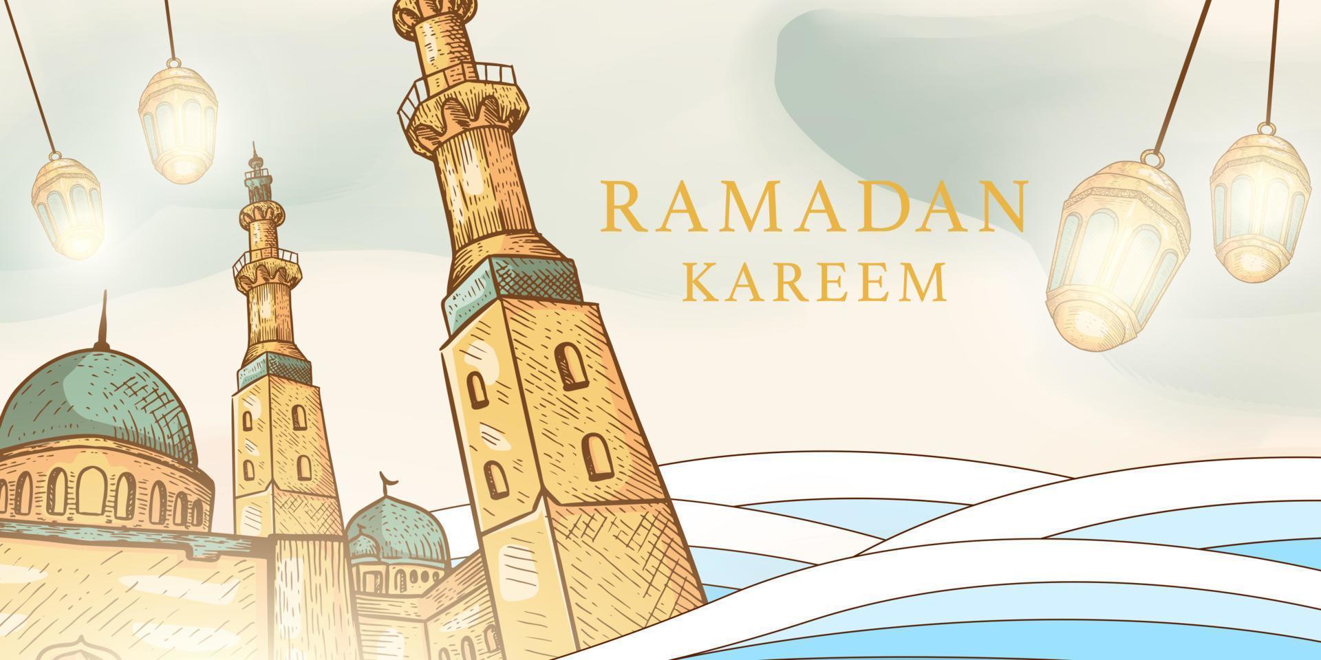 hand drawn vector design ramadan kareem horizontal banner with mosque and lanterns illustration