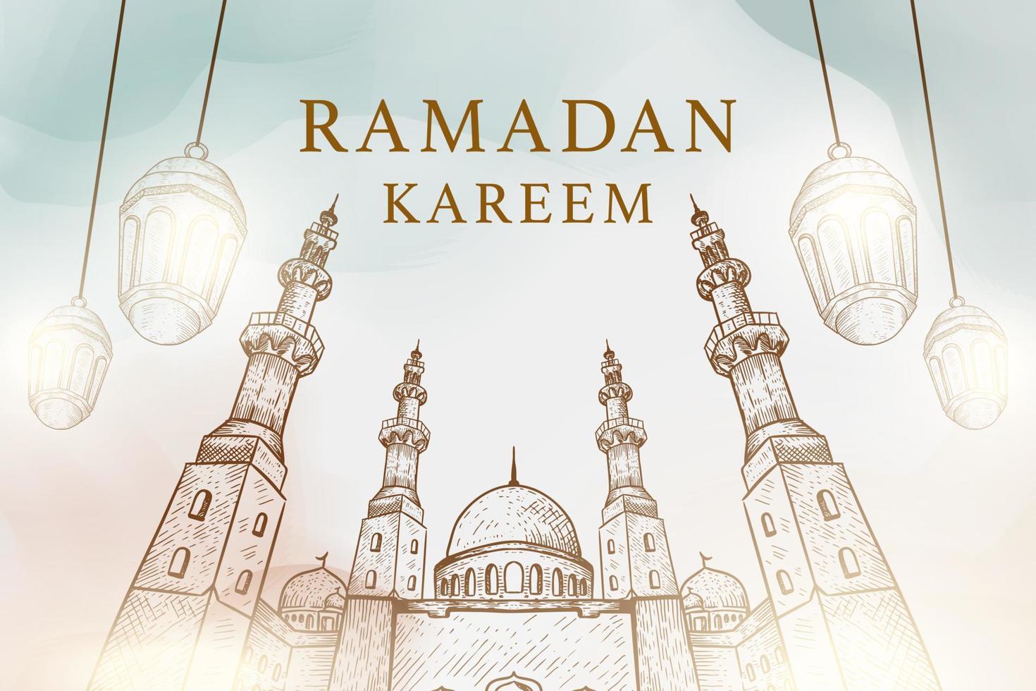 hand drawn ramadan kareem background illustration with mosque and lanterns vector