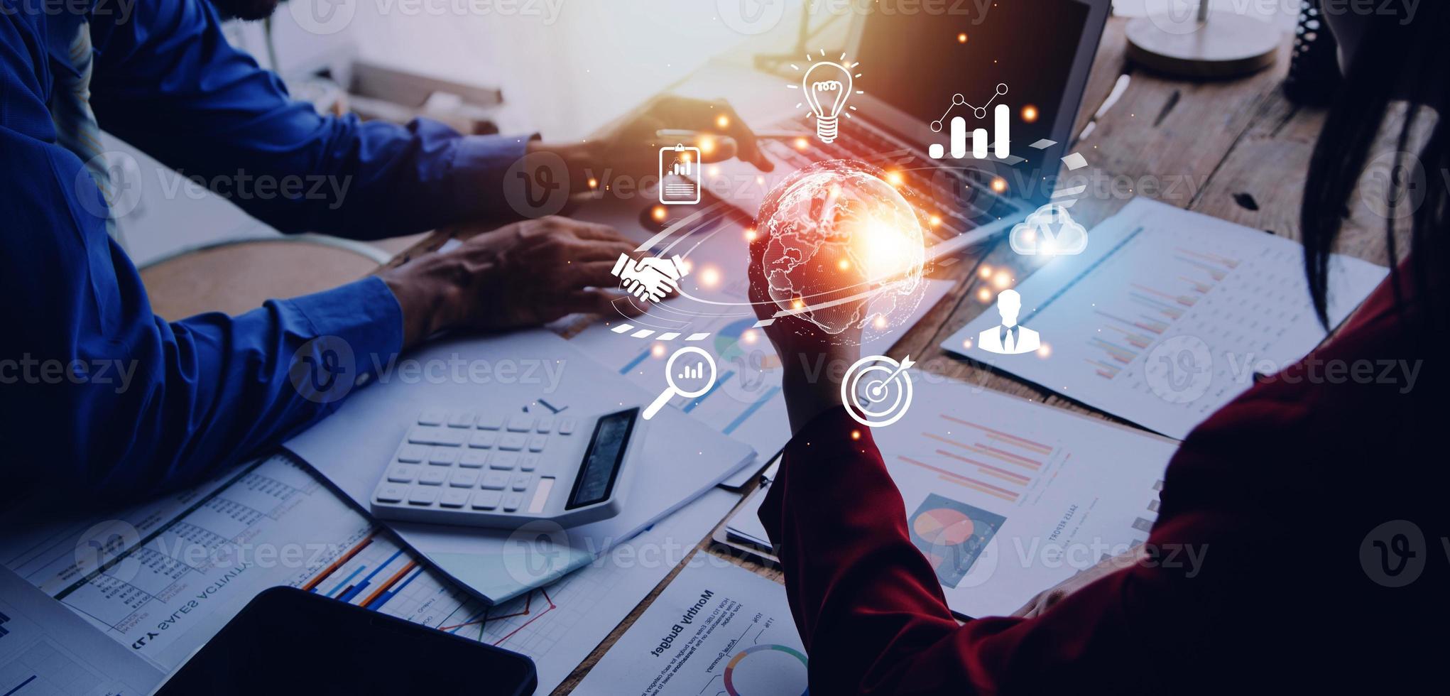 woman Hand holding virtual Global Internet connection metaverse. Business global internet connection application technology and digital marketing, Financial and banking, Digital link tech, big data. photo
