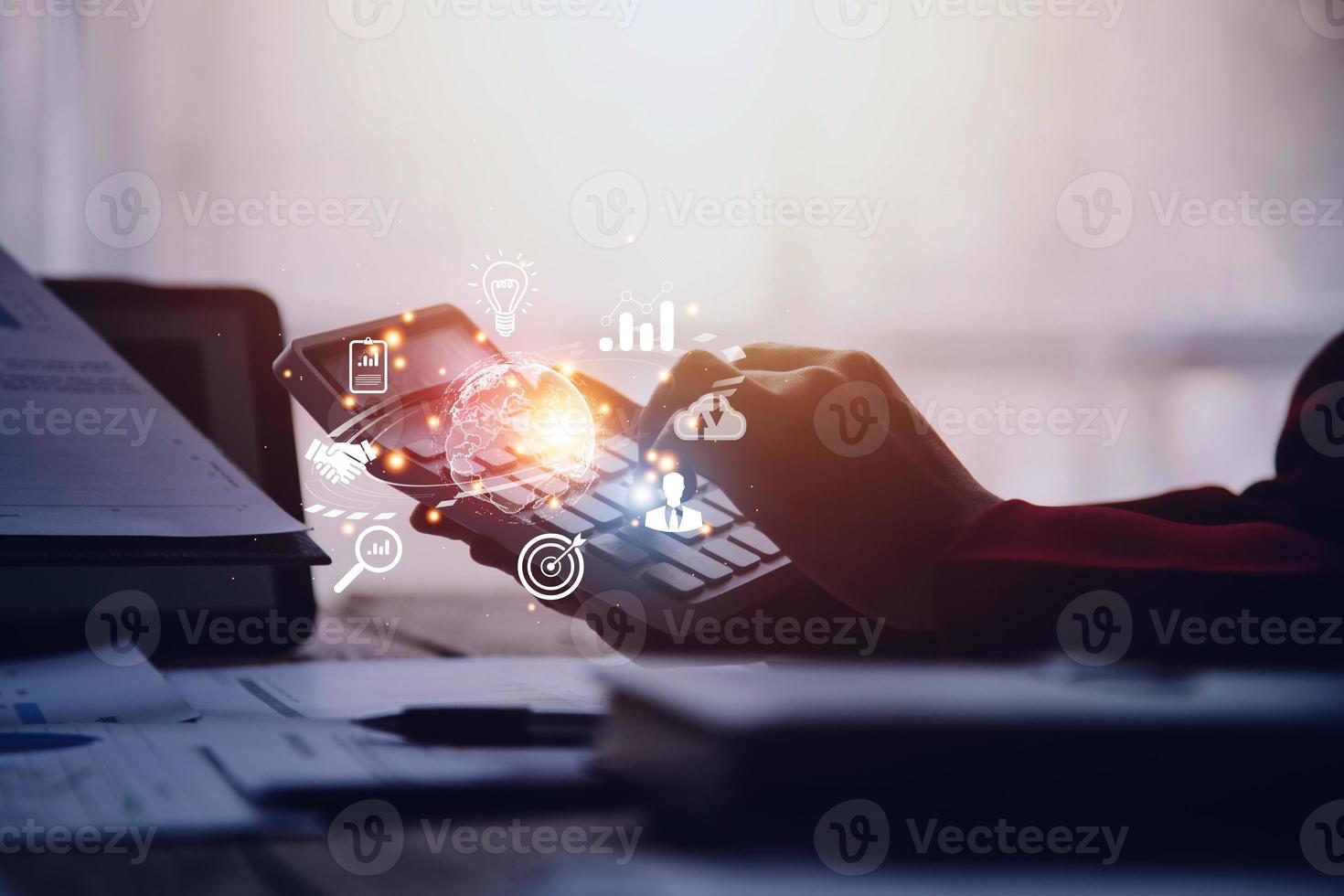 woman Hand holding virtual Global Internet connection metaverse. Business global internet connection application technology and digital marketing, Financial and banking, Digital link tech, big data. photo