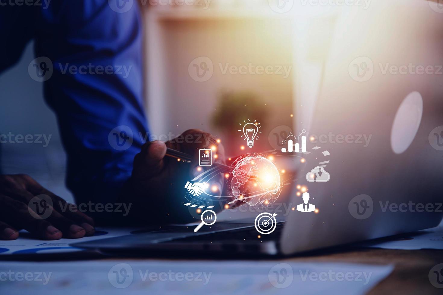 woman Hand holding virtual Global Internet connection metaverse. Business global internet connection application technology and digital marketing, Financial and banking, Digital link tech, big data. photo