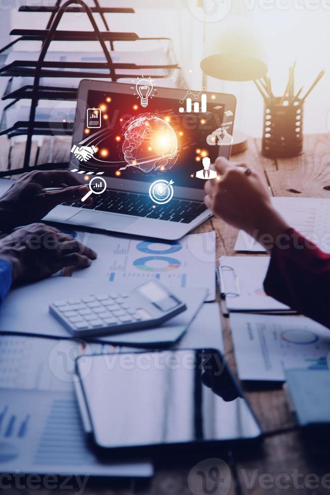 woman Hand holding virtual Global Internet connection metaverse. Business global internet connection application technology and digital marketing, Financial and banking, Digital link tech, big data. photo