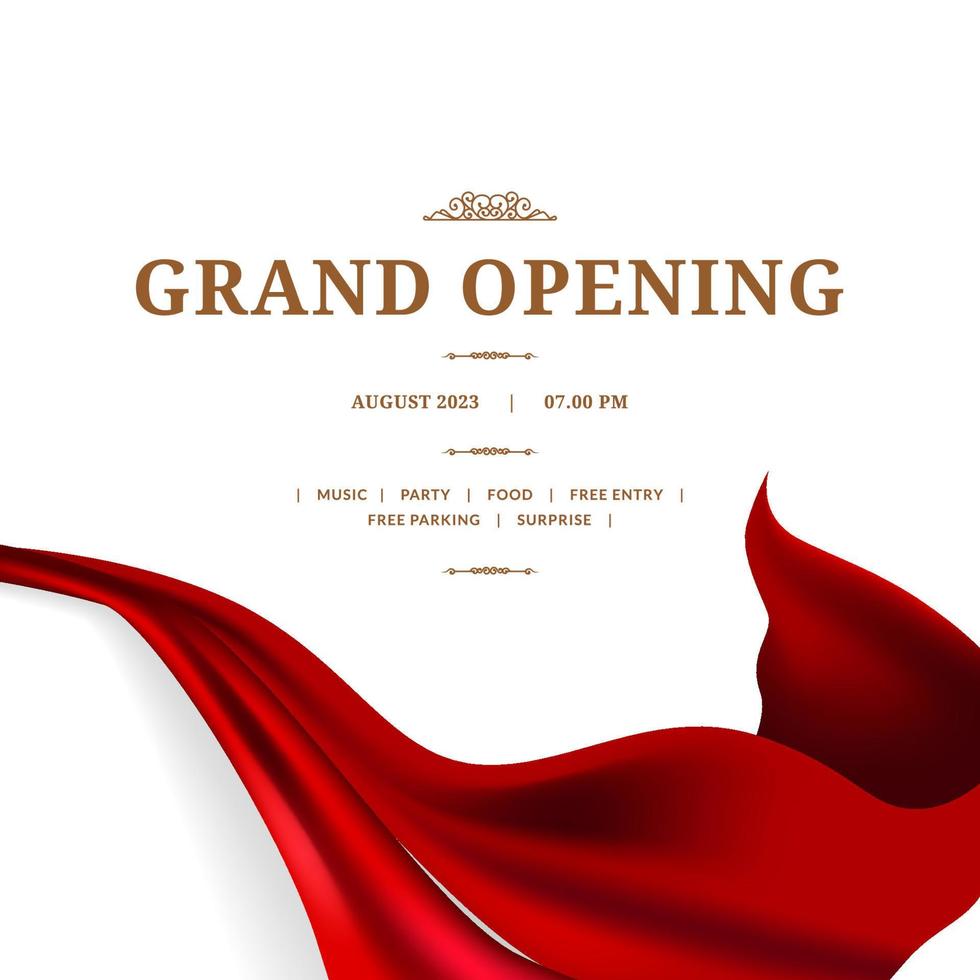 Grand Opening celebration poster announcement with flying red satin silk fabric textile vector