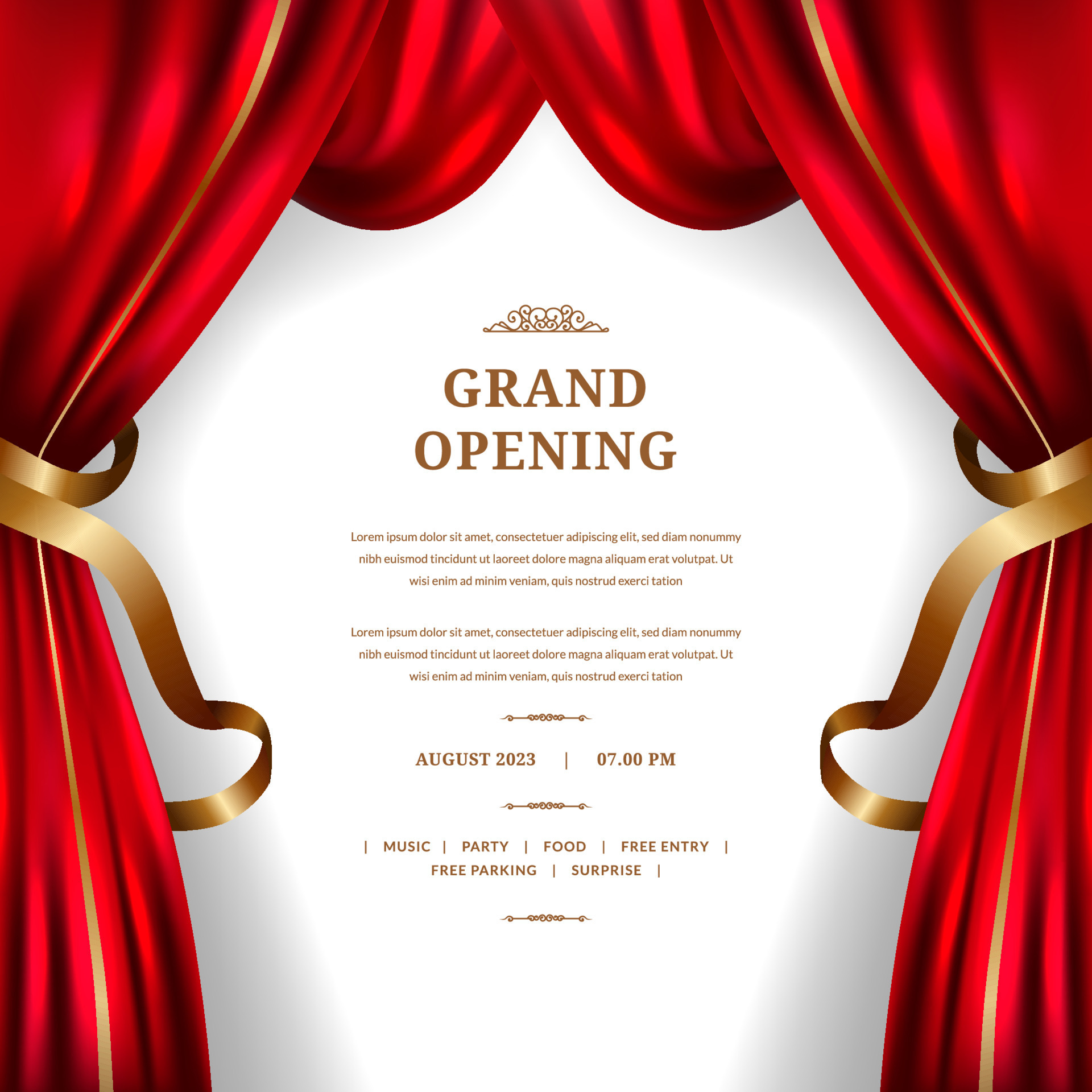 Grand Opening With Red Curtain And Golden Ornament Decoration Poster