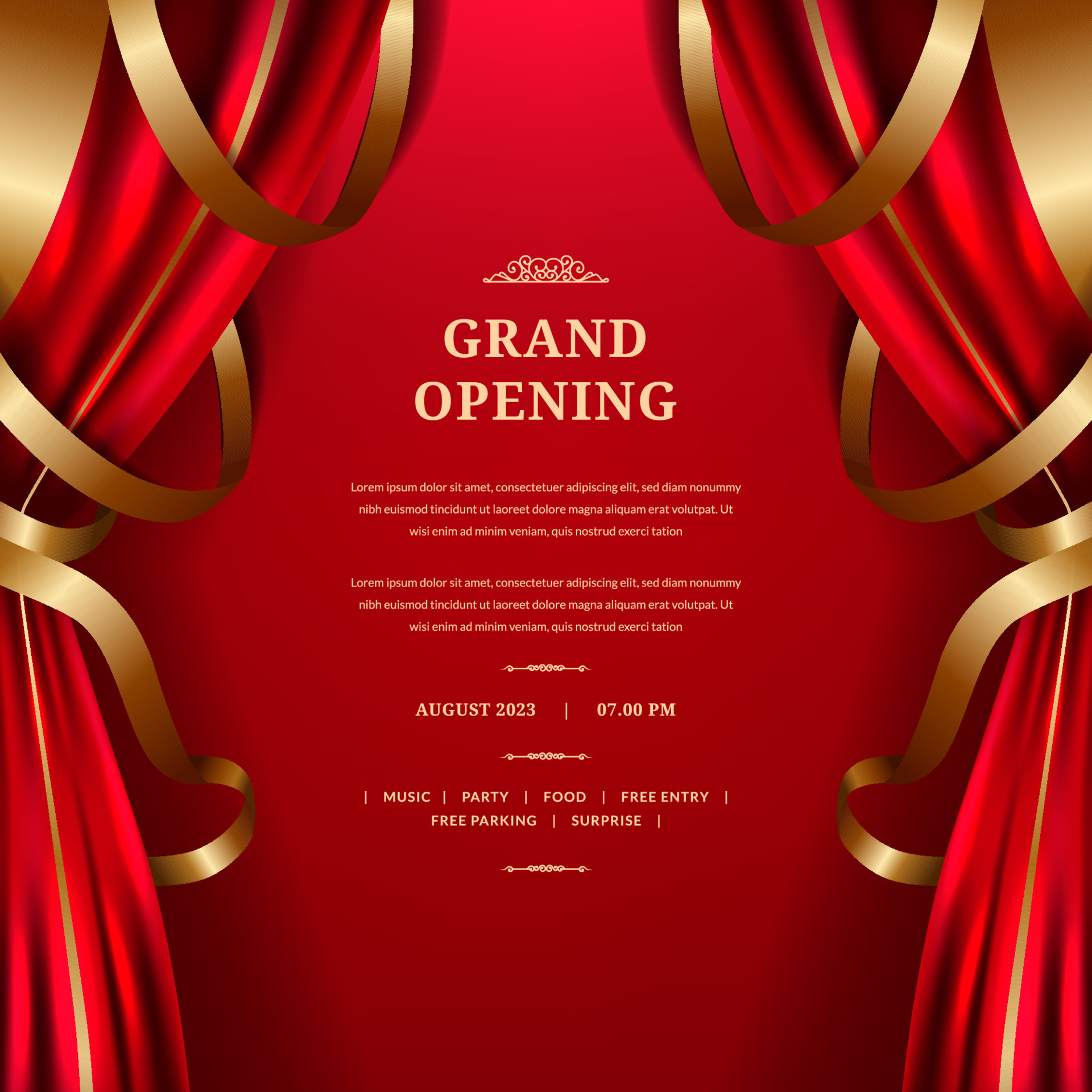 Grand Opening Invitation Card with Red Curtain Stock Illustration