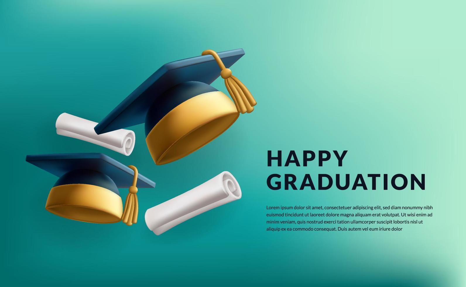 3d cute mortarboard for graduation cap graduate with certificate roll education with tosca background element vector