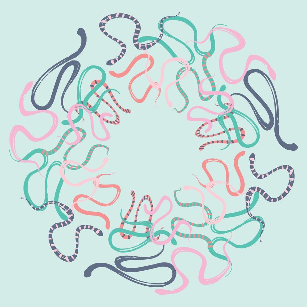 Round frame with colorful kites. Trendy pastel palette. Reptiles for any design. Vector snakes in a minimalistic style.