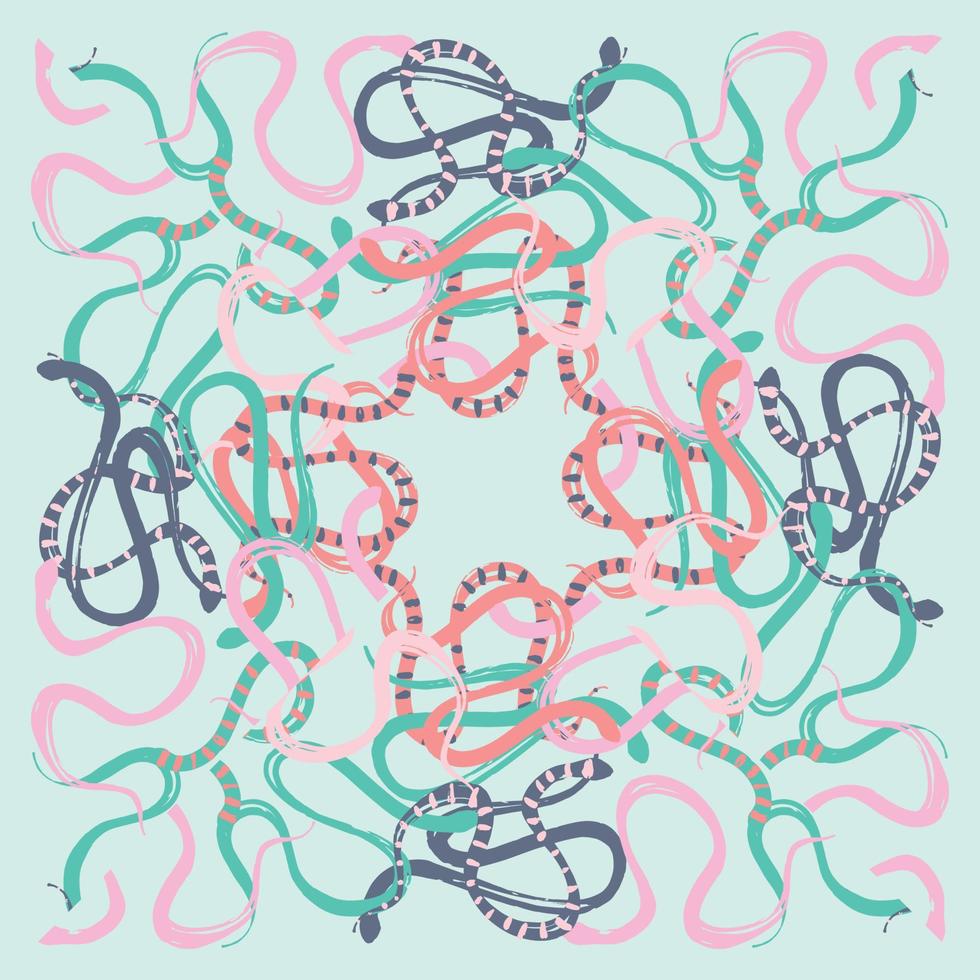 Square background with colorful snakes. Trendy pastel palette. Reptiles for any design. Vector snakes in a minimalistic style.