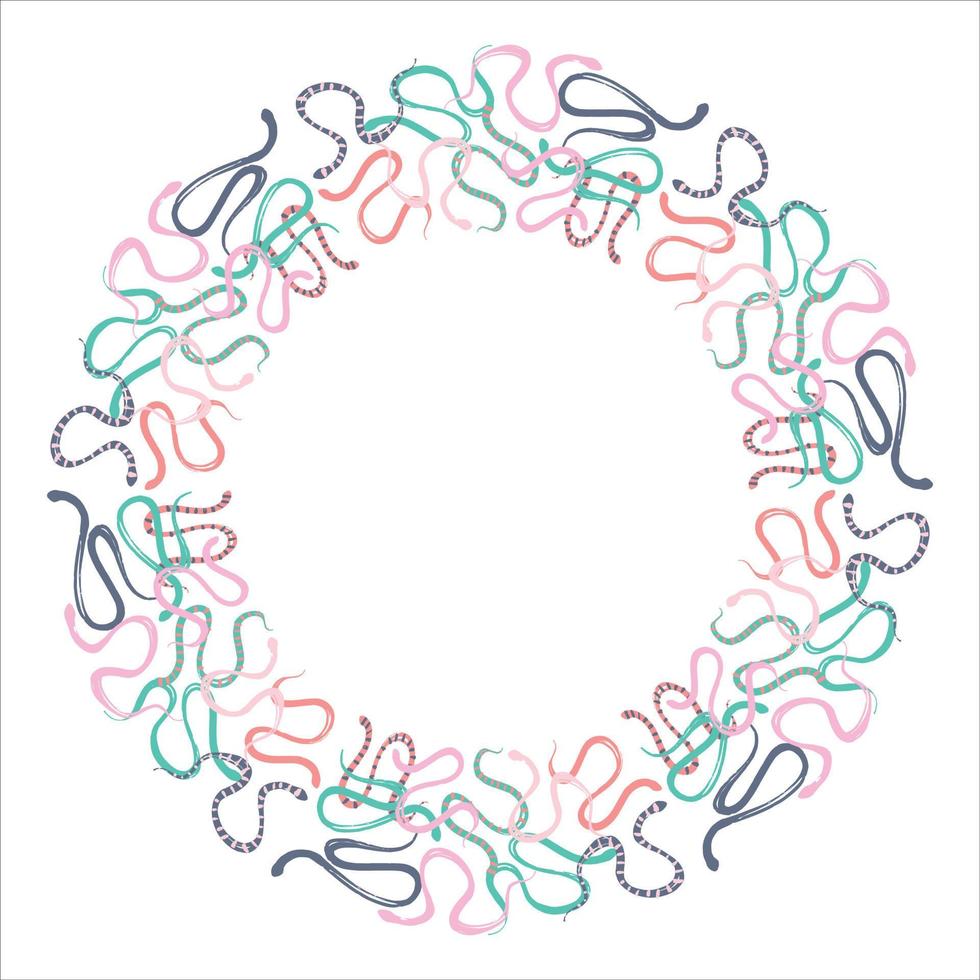 Round frame with colorful kites. Trendy pastel palette. Reptiles for any design. Vector snakes in a minimalistic style.