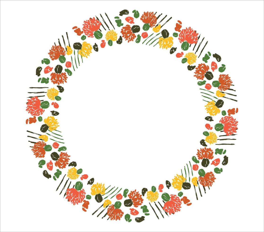 Round frame with flowers, cacti and geometric elements. Minimalistic vector design.