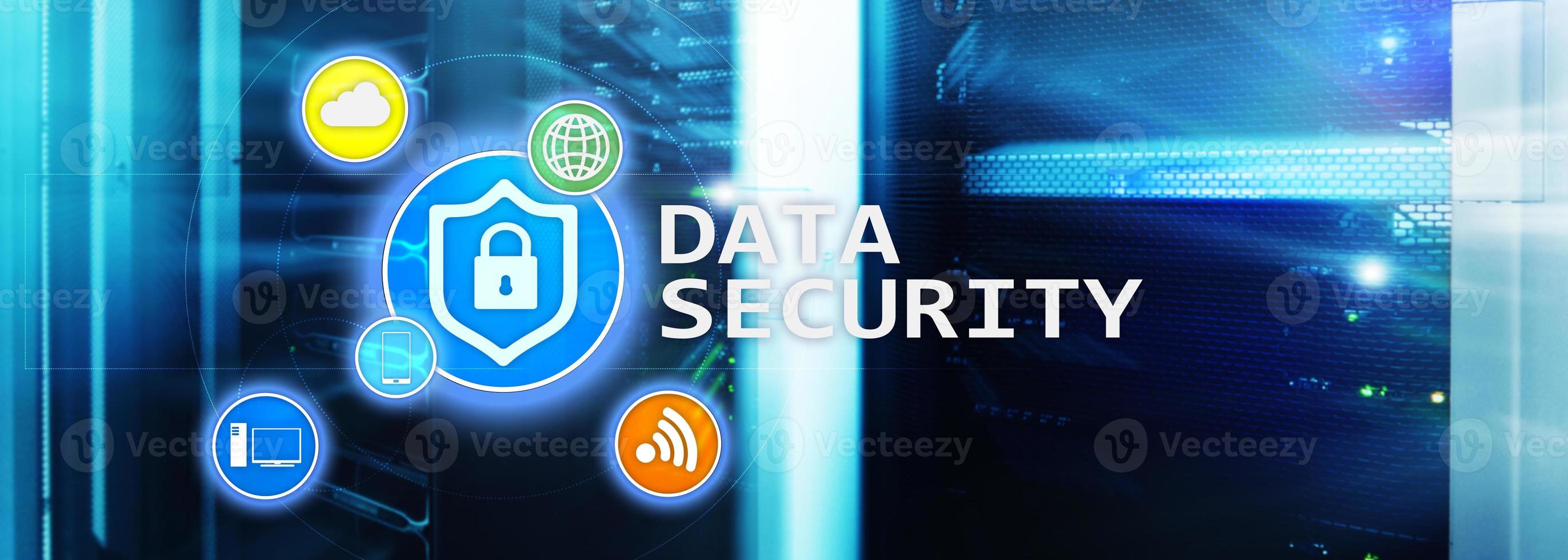 Data security, cyber crime prevention, Digital information protection. Lock icons and server room background. photo