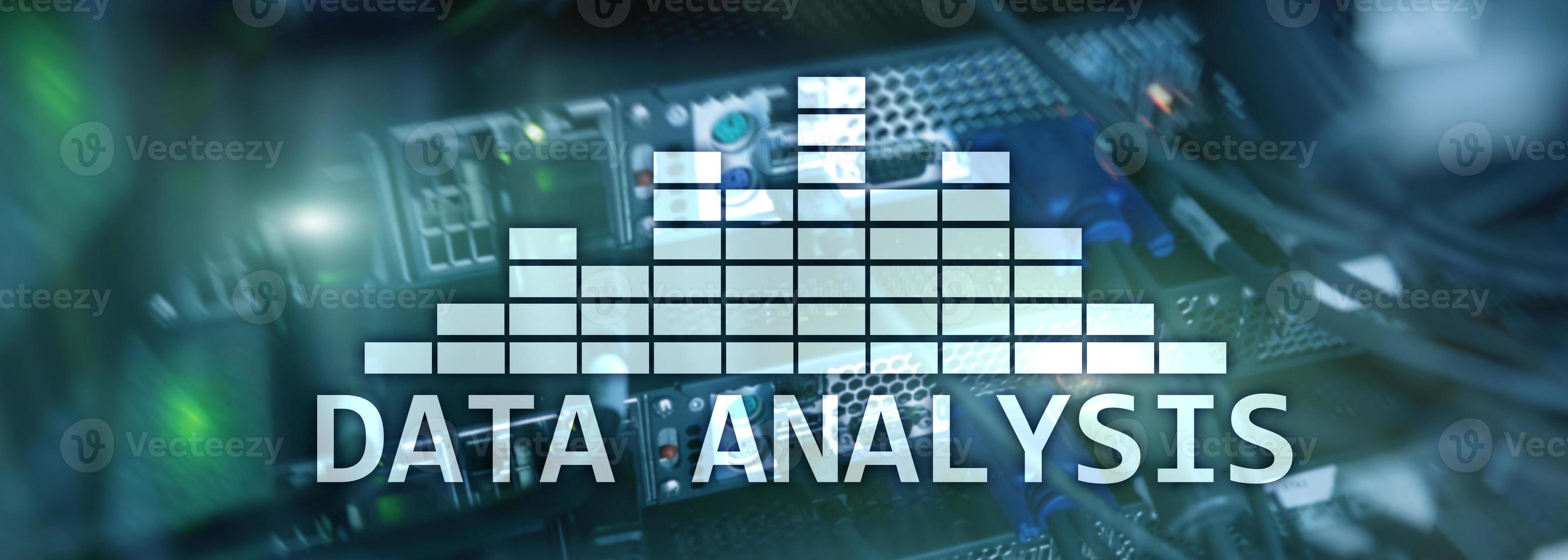 Big Data analysis text on server room background. Internet and modern technology concept. photo