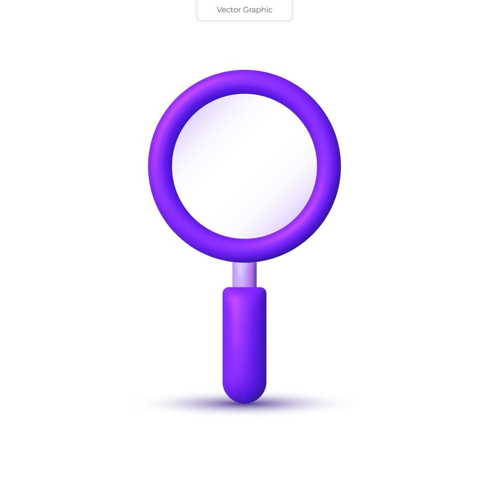 Cartoon minimal style 3d vector icon of a magnifying glass, symbolizing discovery, research, search, and analysis.