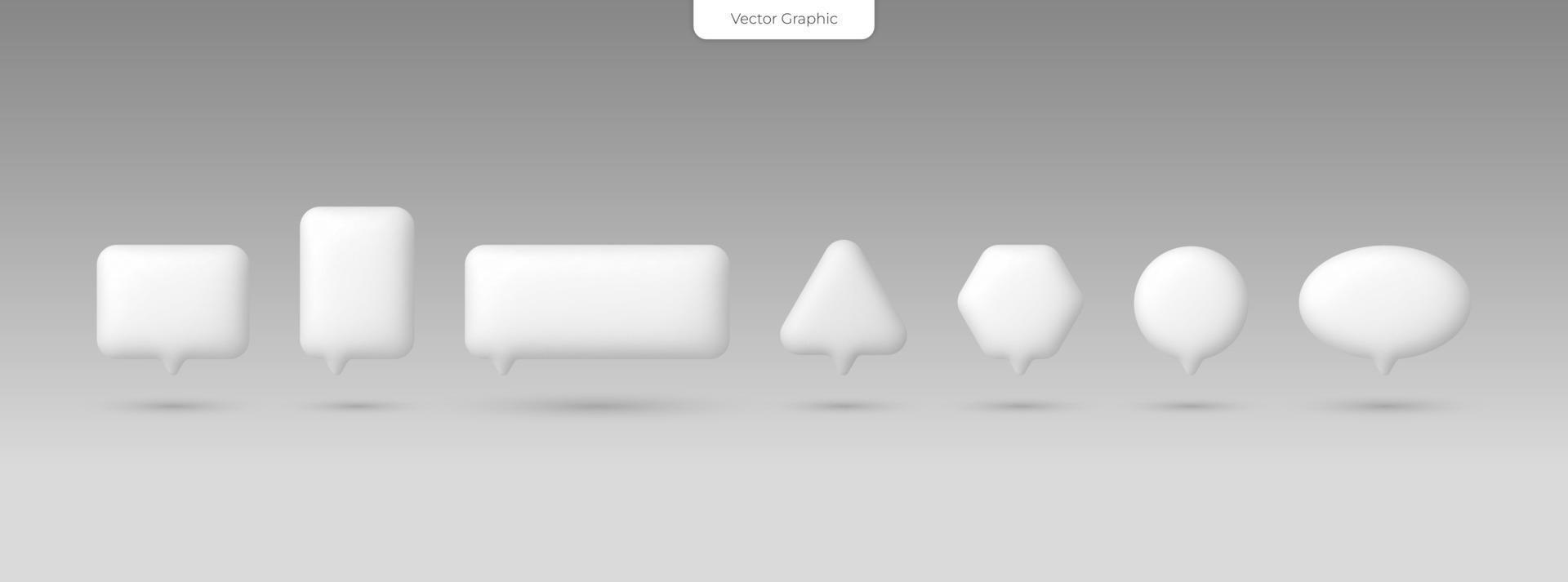 Vector set of 3D white speech bubbles in various shapes, such as rectangles and ellipses, symbolizing social media chat messages, comments, and dialogue balloons. 3d vector render illustration.