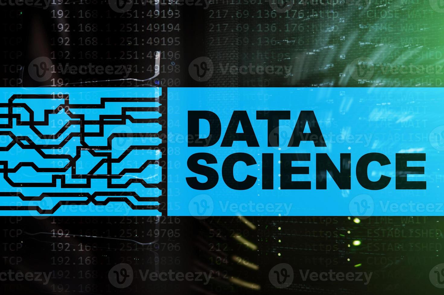 Data science, business, internet and technology concept on server room background. photo
