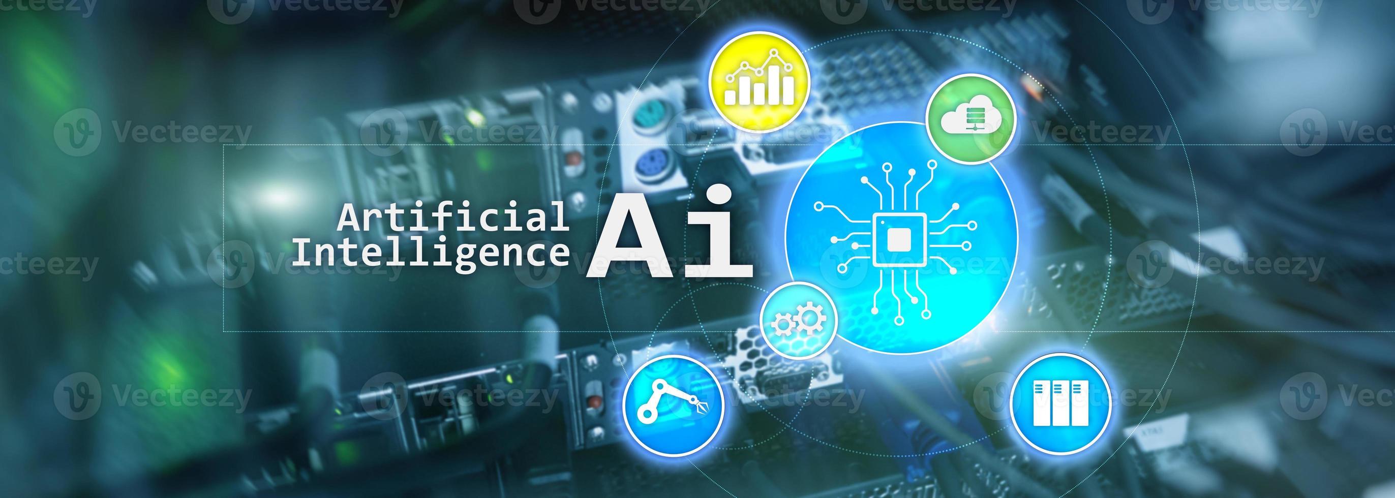 AI, Artificial intelligence, automation and modern information technology concept on virtual screen. photo