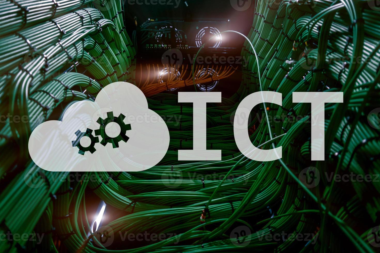 ICT - information and communications technology concept on server room background. photo