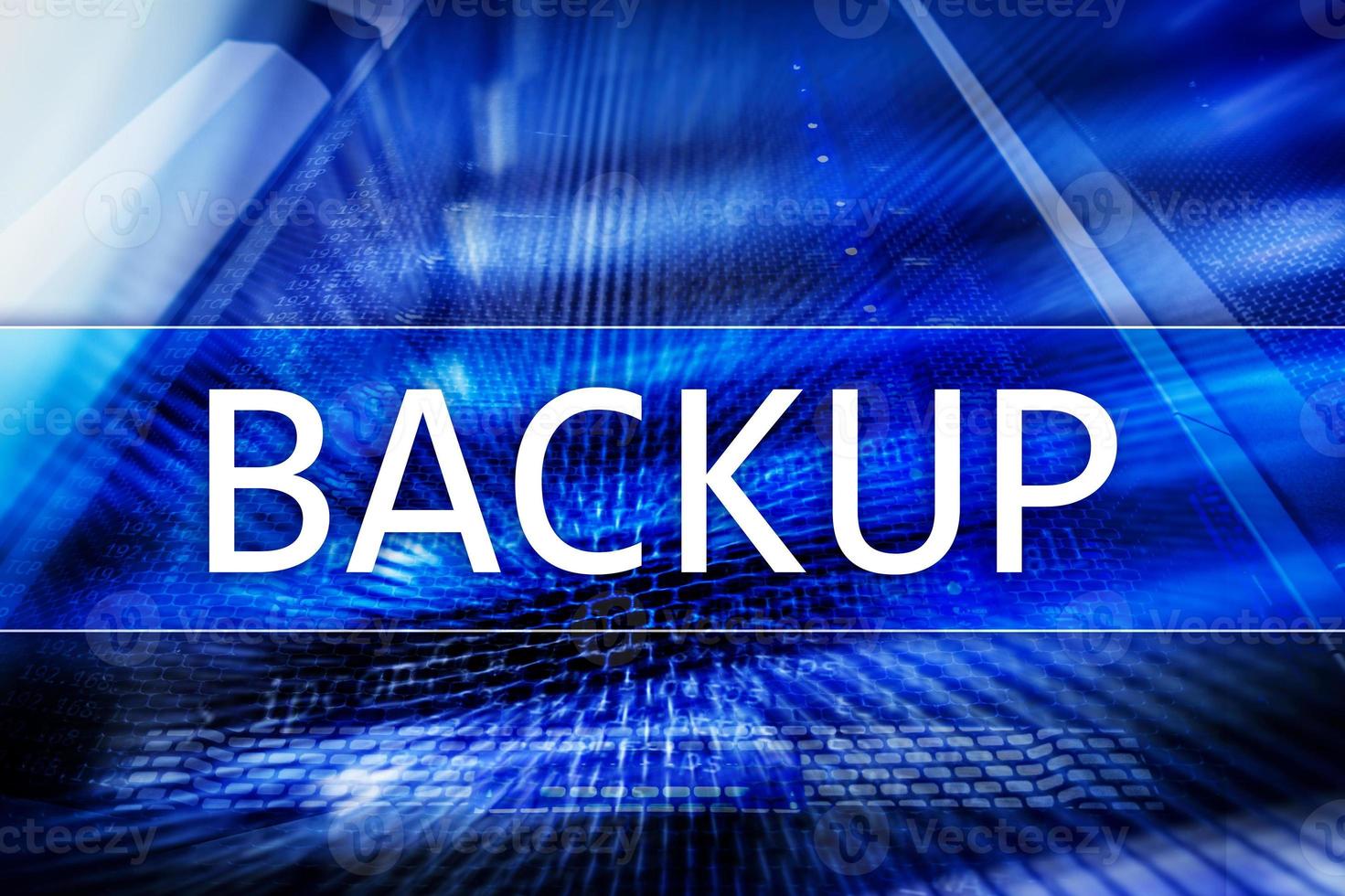 Backup button on modern server room background. Data loss prevention. System recovery. photo