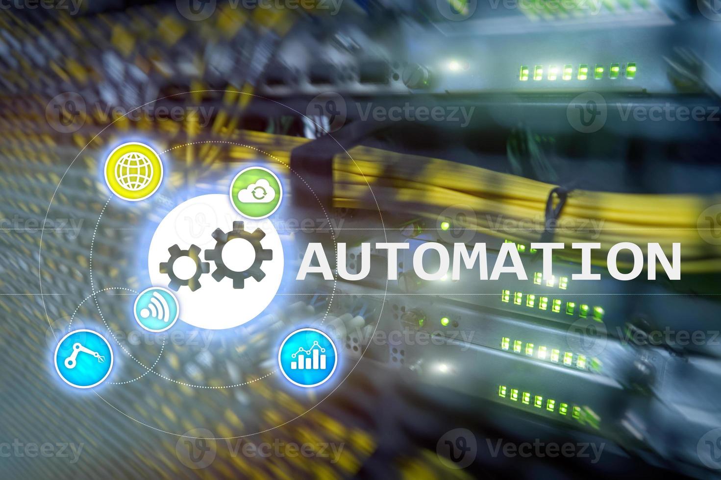 Automation of business Process and innovation technology in manufacturing. Internet and technology concept on server room background. photo