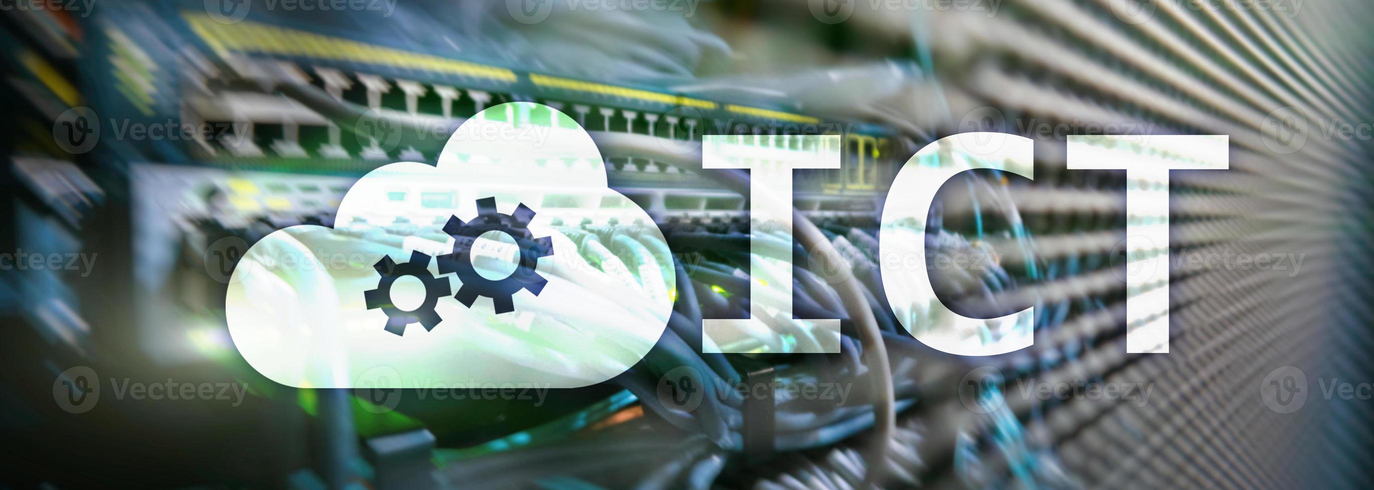ICT - information and communications technology concept on server room background. photo