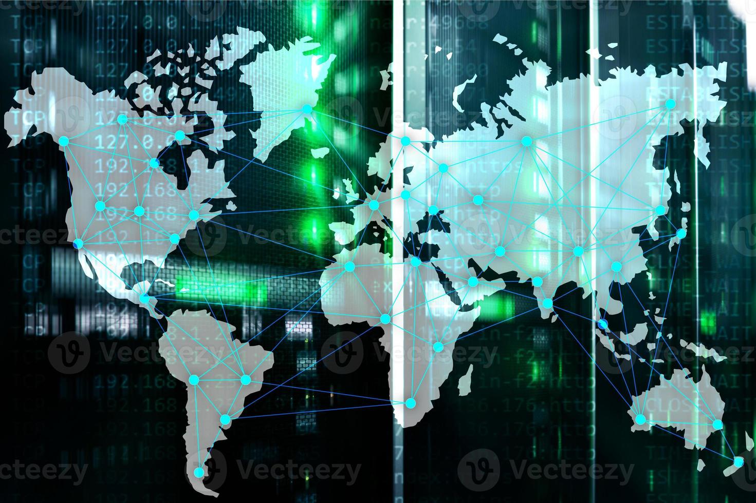 Internet and telecommunication concept with world map on server room background. photo