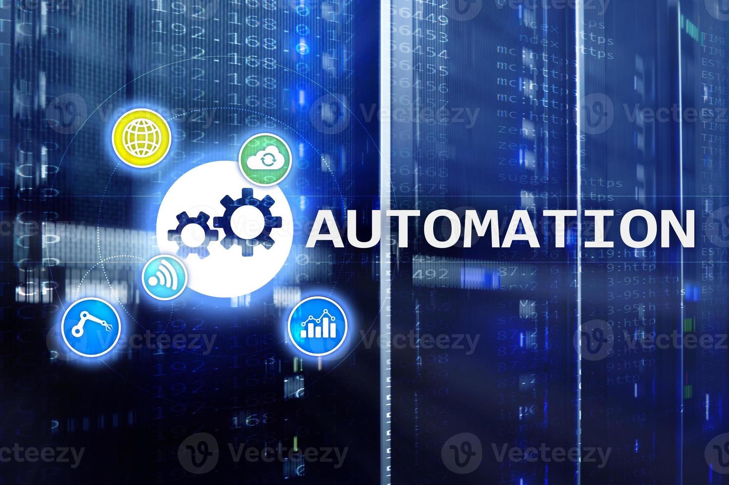 automatización de procesos comerciales y tecnología de innovación en la fabricación. concepto de Internet y tecnología en el fondo de la sala de servidores. foto