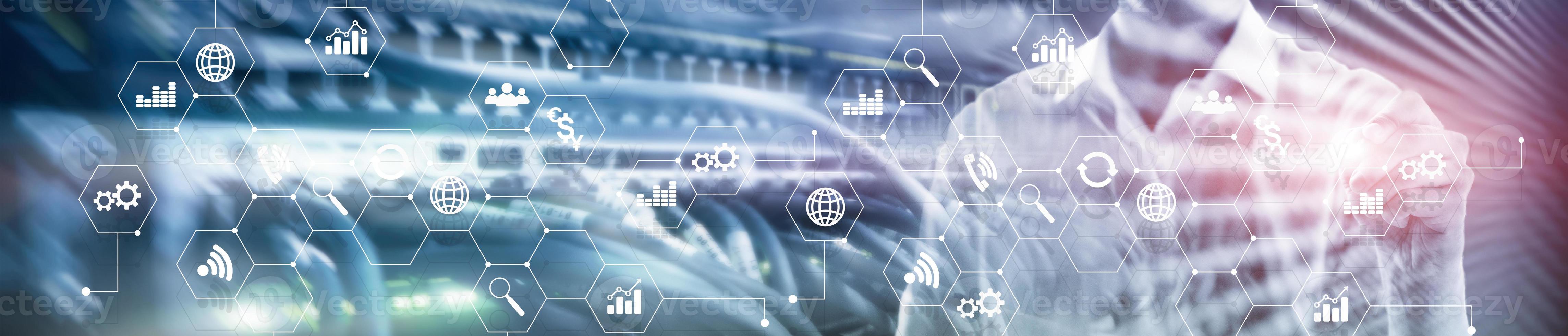 Double exposure mixed media. Diagrams and icons on hologram screen. Business people and modern city on background. Website header banner. photo